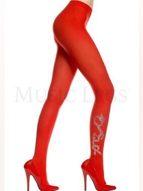 Music Legs Laser Dragon Red Tights Silver Foil Print One Size NIP
